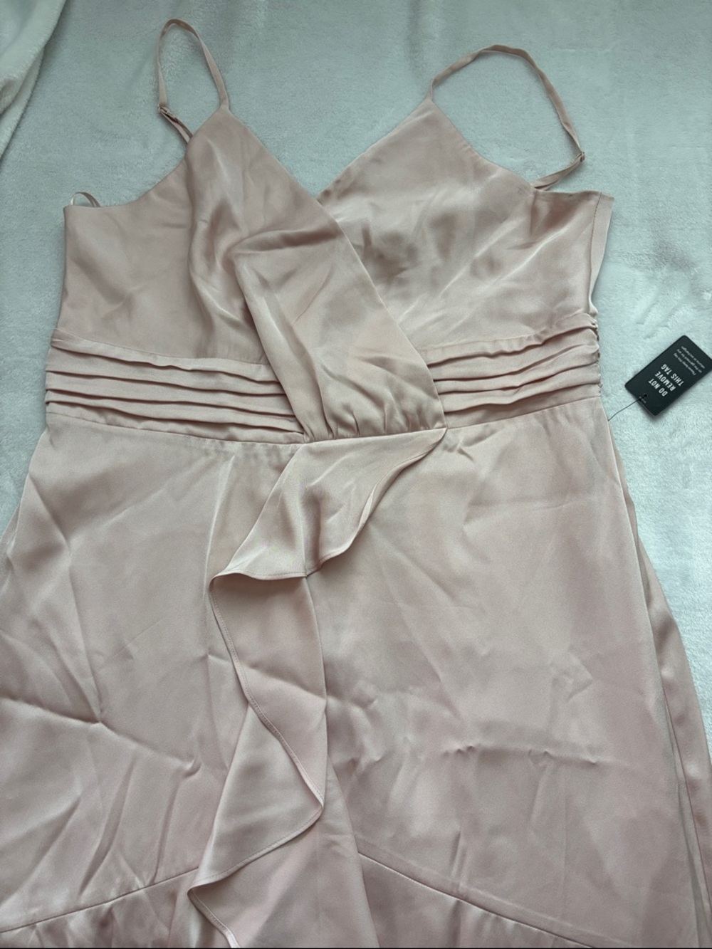 Express Soft Blush Strapless-Look Satin Ruffle Dress